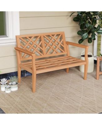 Outdoor Garden Bench 2-Person Teak Wood Bench with Comfy Armrests and Backrest