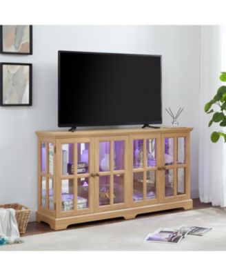 LED Curio Cabinet, Oak Display Case with Glass Doors and Adjustable Shelves