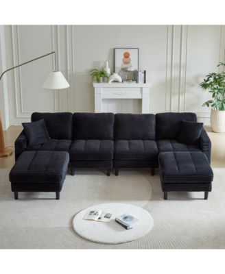 Streamdale Oversized U-Shaped Corduroy Sectional Sofa with Ottomans (Black)