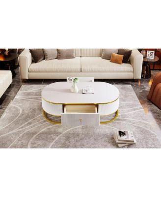 Streamdale Modern Oval Coffee Table with Drawers,Curved Profile Design, Gold Metal Decor, Center Table for Living Room in 47.2"