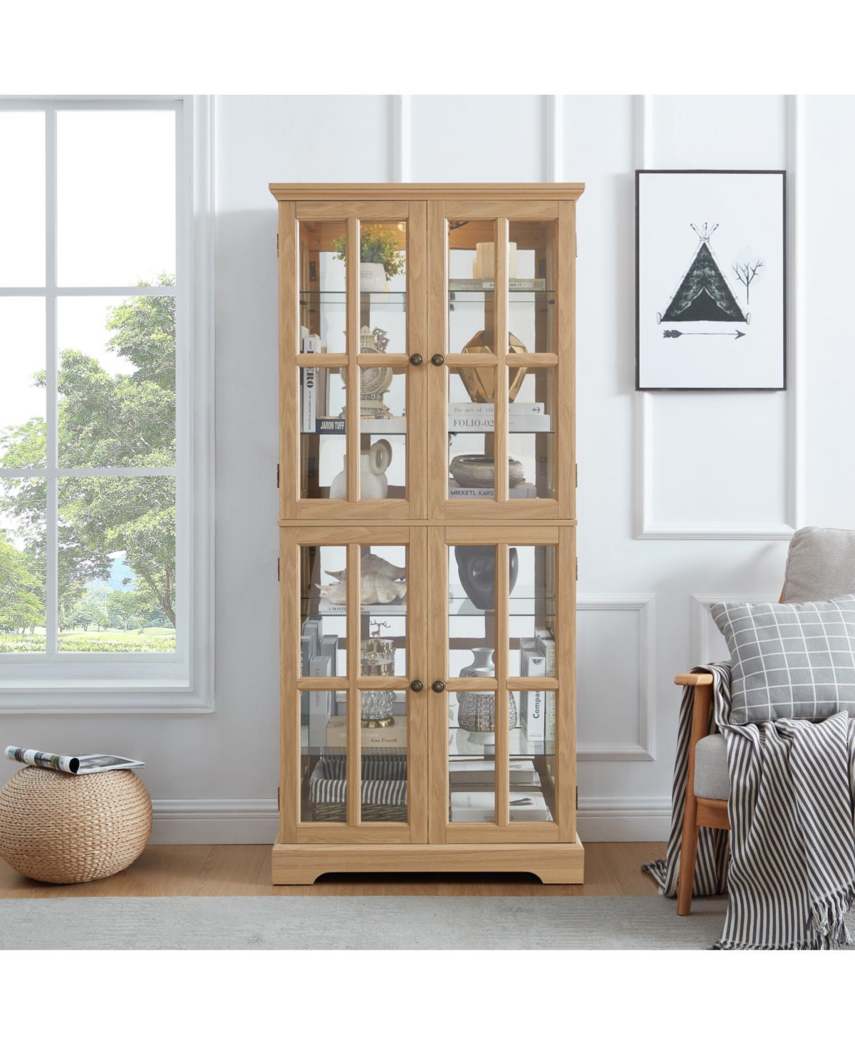 Streamdale Antique Curio Cabinet with Glass Doors, Adjustable Shelves, and Oak E26 Bulb