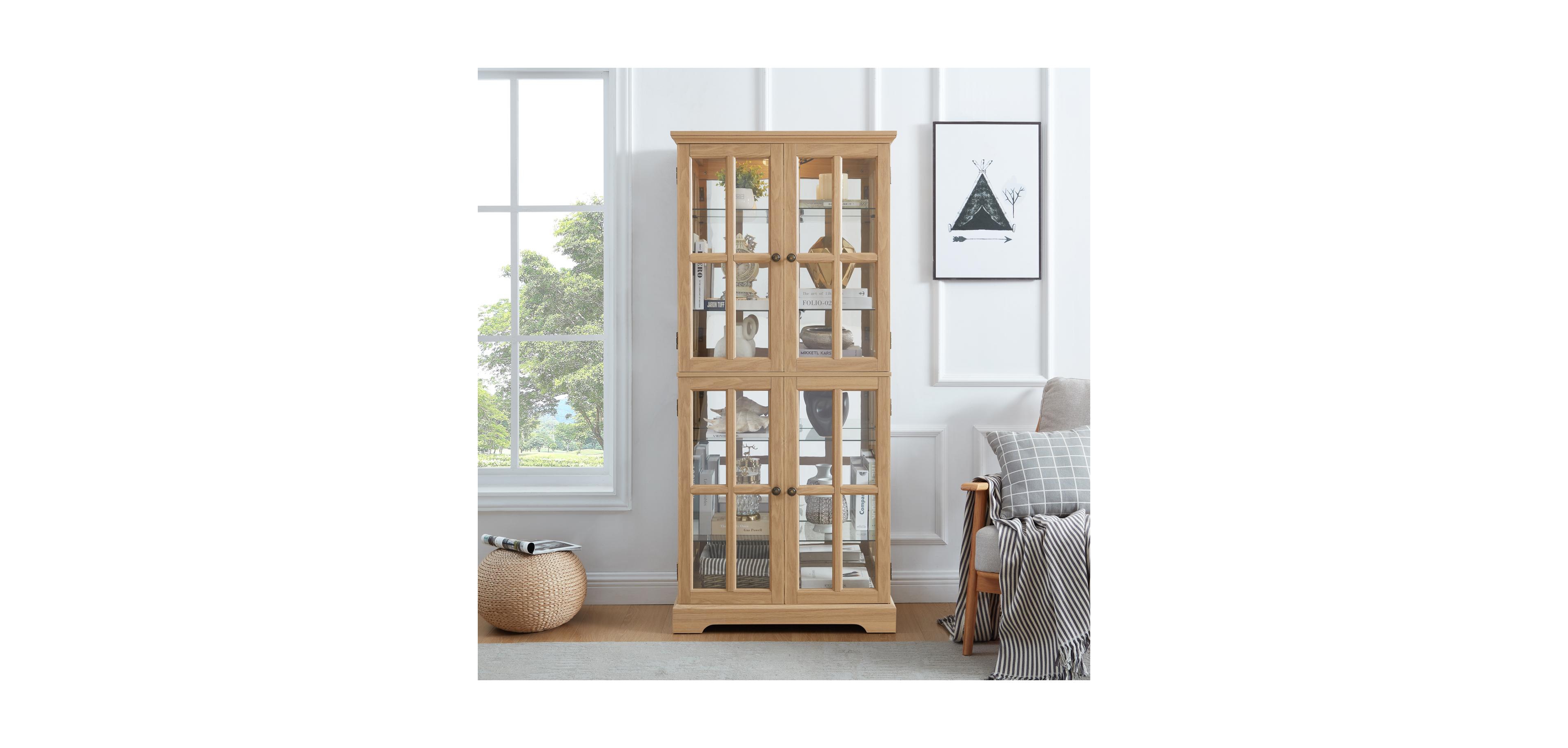 Streamdale Antique Curio Cabinet with Glass Doors, Adjustable Shelves, and Oak E26 Bulb