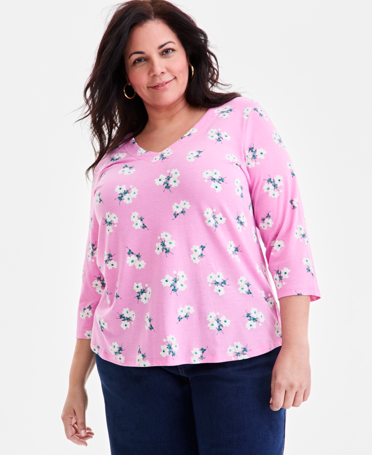 Style & Co Plus Size Printed V-neck 3/4-sleeve Top, Macy's Exclusive