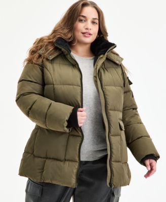 Plus Size Hooded Utility-Pocket Puffer Coat