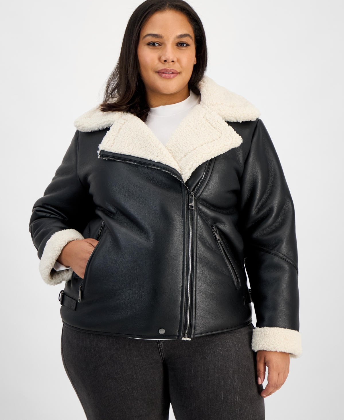 Steve Madden Plus Size Asymmetric Faux-shearling Coat In Black