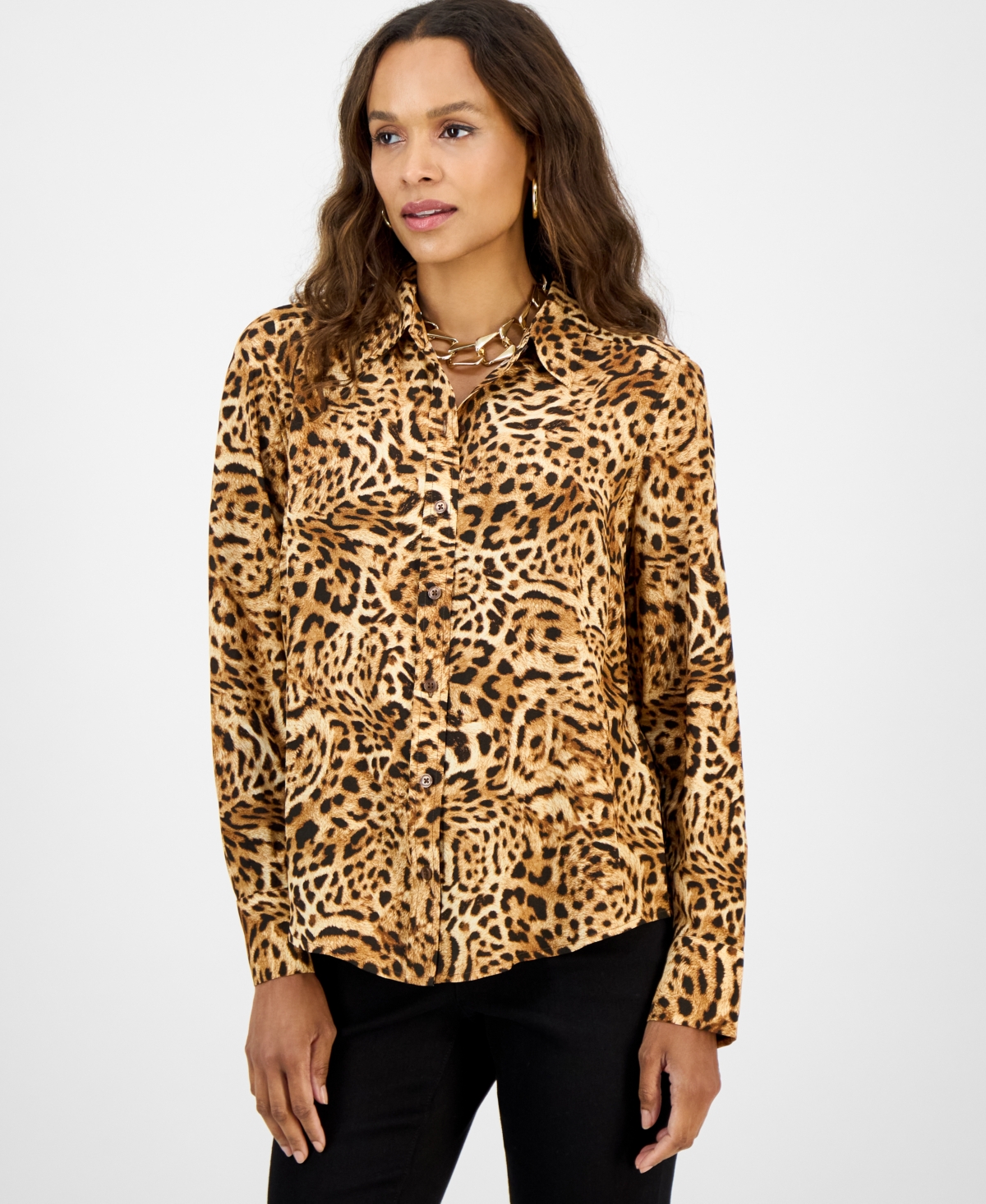 Petite Animal-Print Button-Down Shirt - Pheby Cheetah