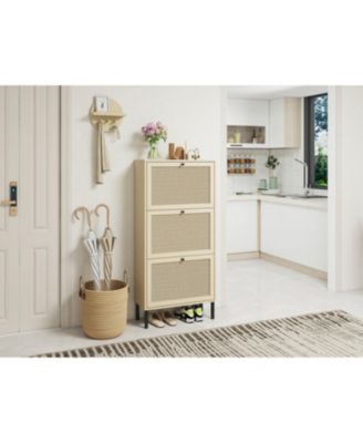Rattan 3 Door Shoe Rack, Freestanding Modern Shoe Storage Cabinet, for Entryway