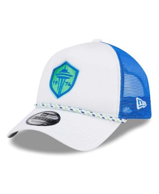 New Era - Men's White/Blue Seattle Sounders FC Court Sport Foam A-Frame 9FORTY Adjustable Trucker Hat
