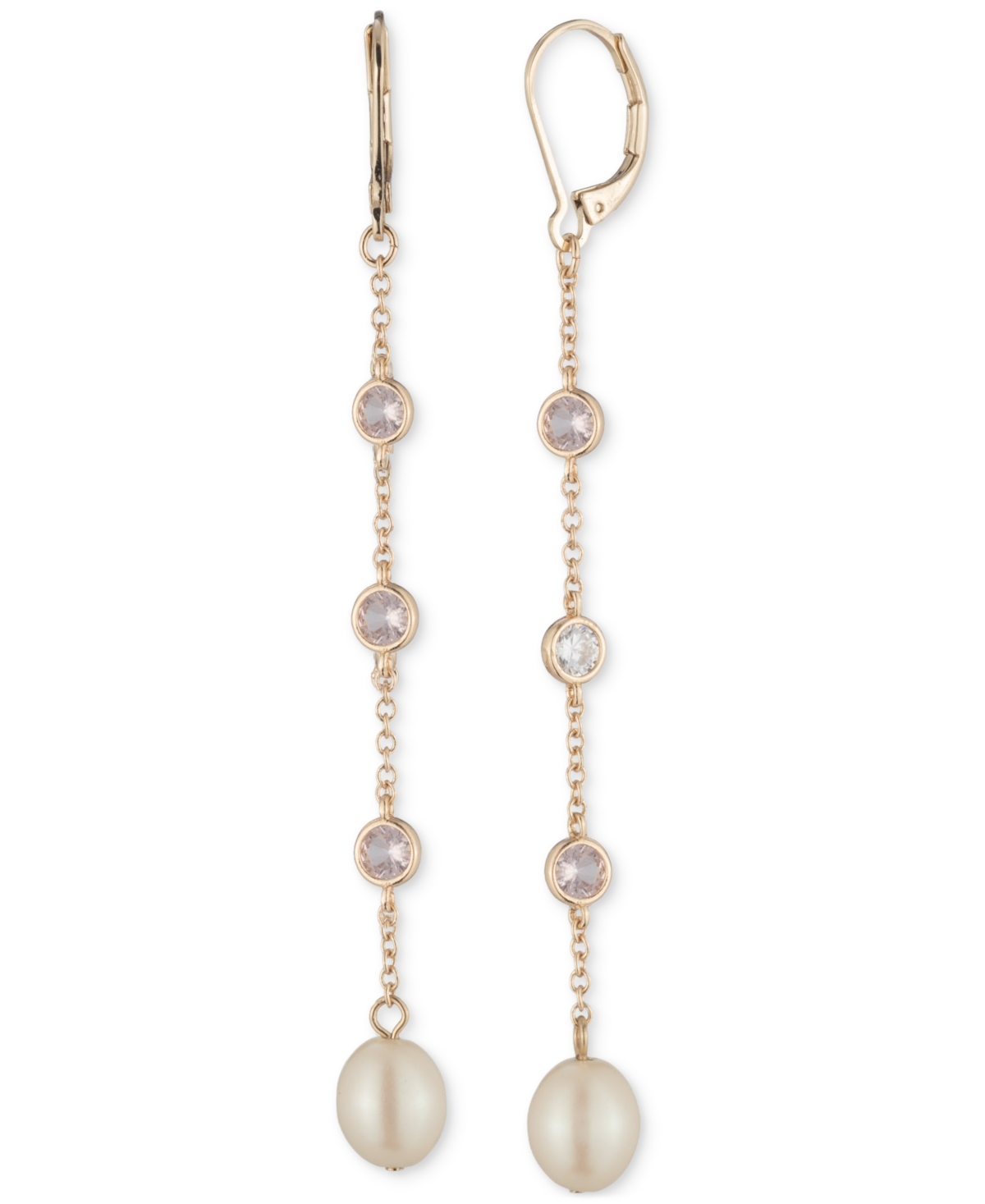 Gold-Tone Imitation Pearl Beaded Linear Earrings - Dark Pink