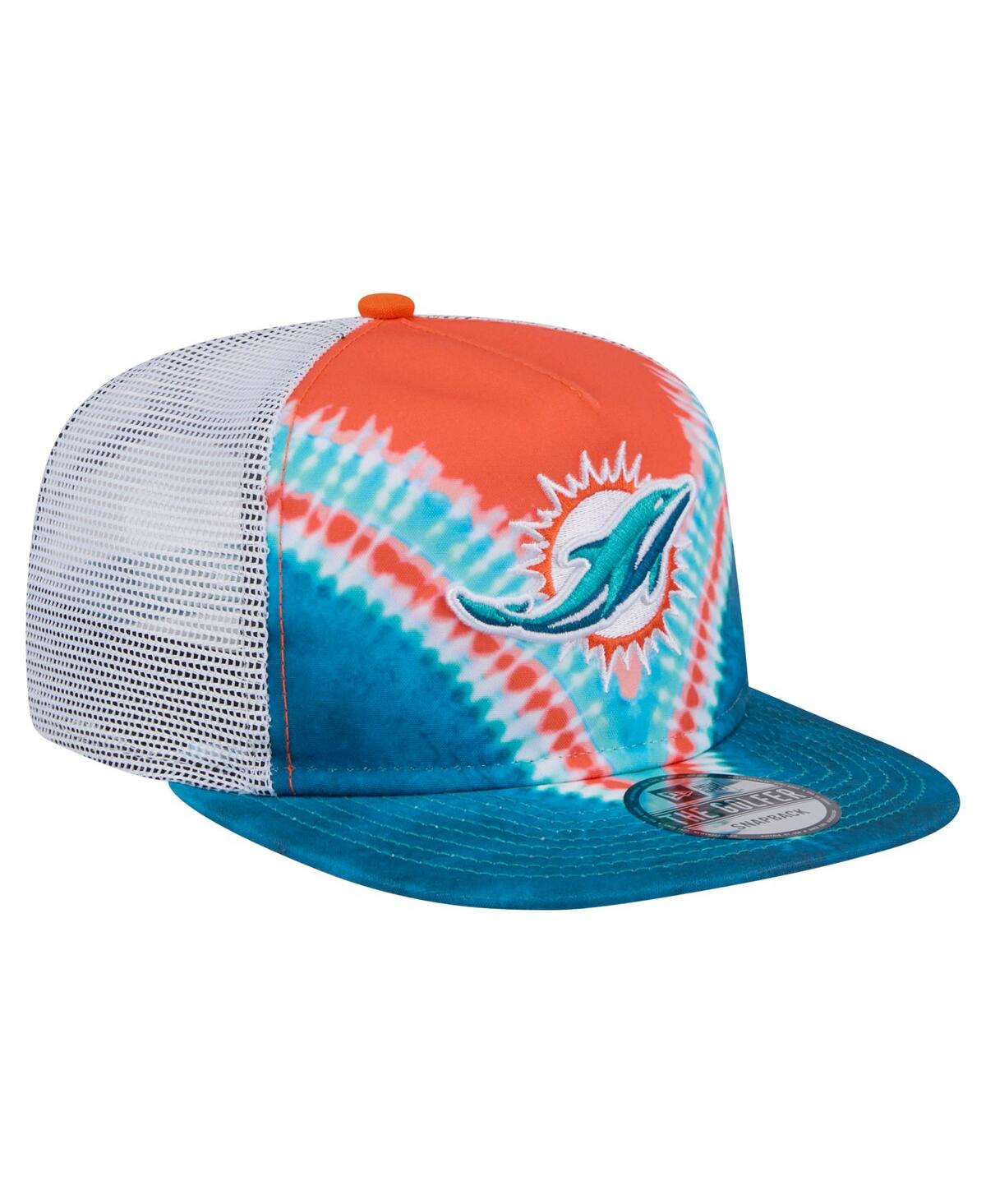 NEW ERA MEN'S ORANGE/AQUA MIAMI DOLPHINS THROWBACK DYE GOLFER SNAPBACK HAT 