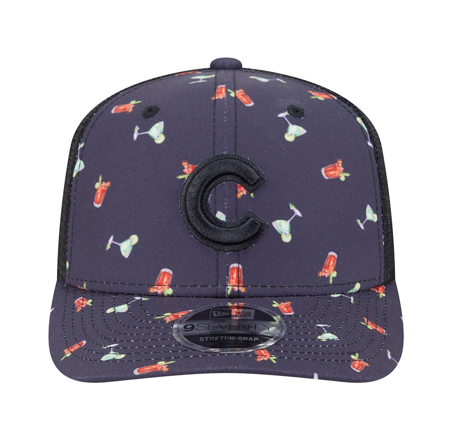 Men's Black Chicago Cubs Adventure Drinks Pattern 9SEVENTY Stretch-Snap Hat