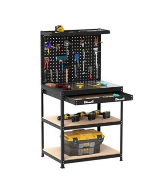 32 x 16 Inch Workbench Work Table with 2 PCs Pegboard Drawer and Shelves-Black