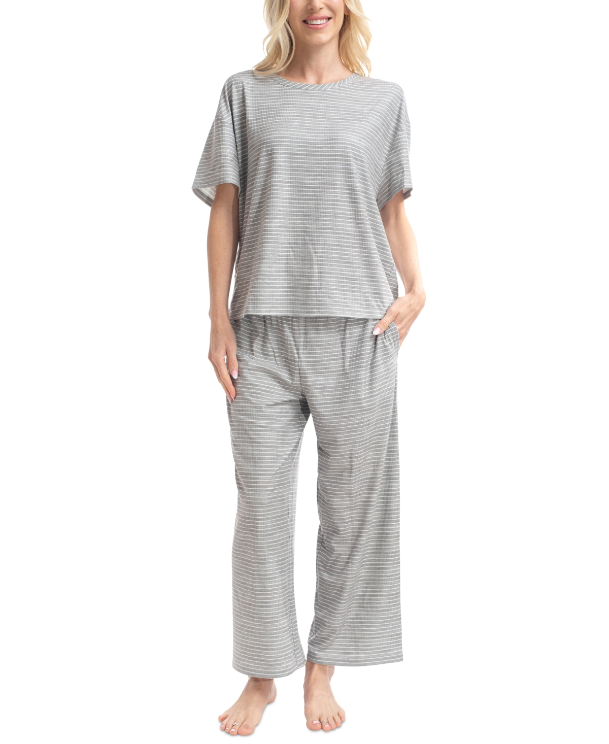 Women's Nautical Ribbed Lounge Pajama Set - Gray Stripe