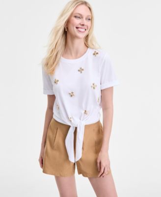I.N.C. International Concepts - Women's Embellished Cotton Tie-Front T-Shirt, Exclusively at Macy's