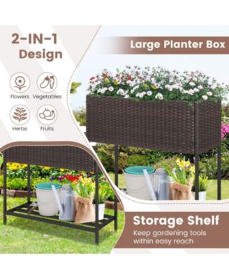 Wicker Raised Garden Bed with Storage Shelf and Removable Liner for Flowers