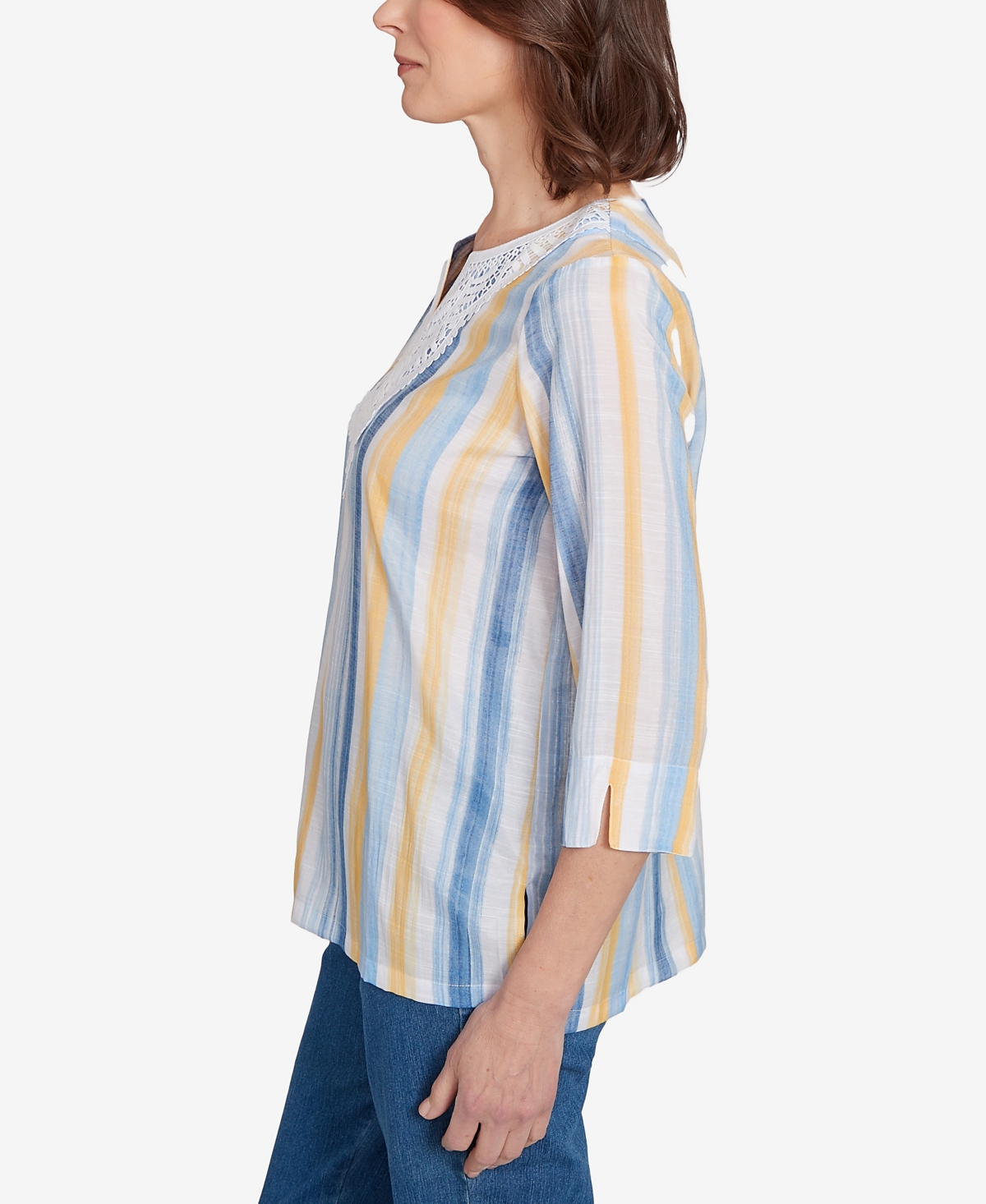 Alfred Dunner Petite Flower Power Striped Flower Detail Button Front Top