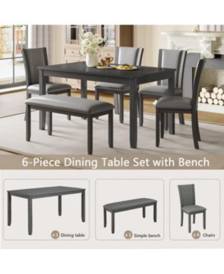6-Piece Modern Dining Table Set with Bench and Faux Leather Chairs