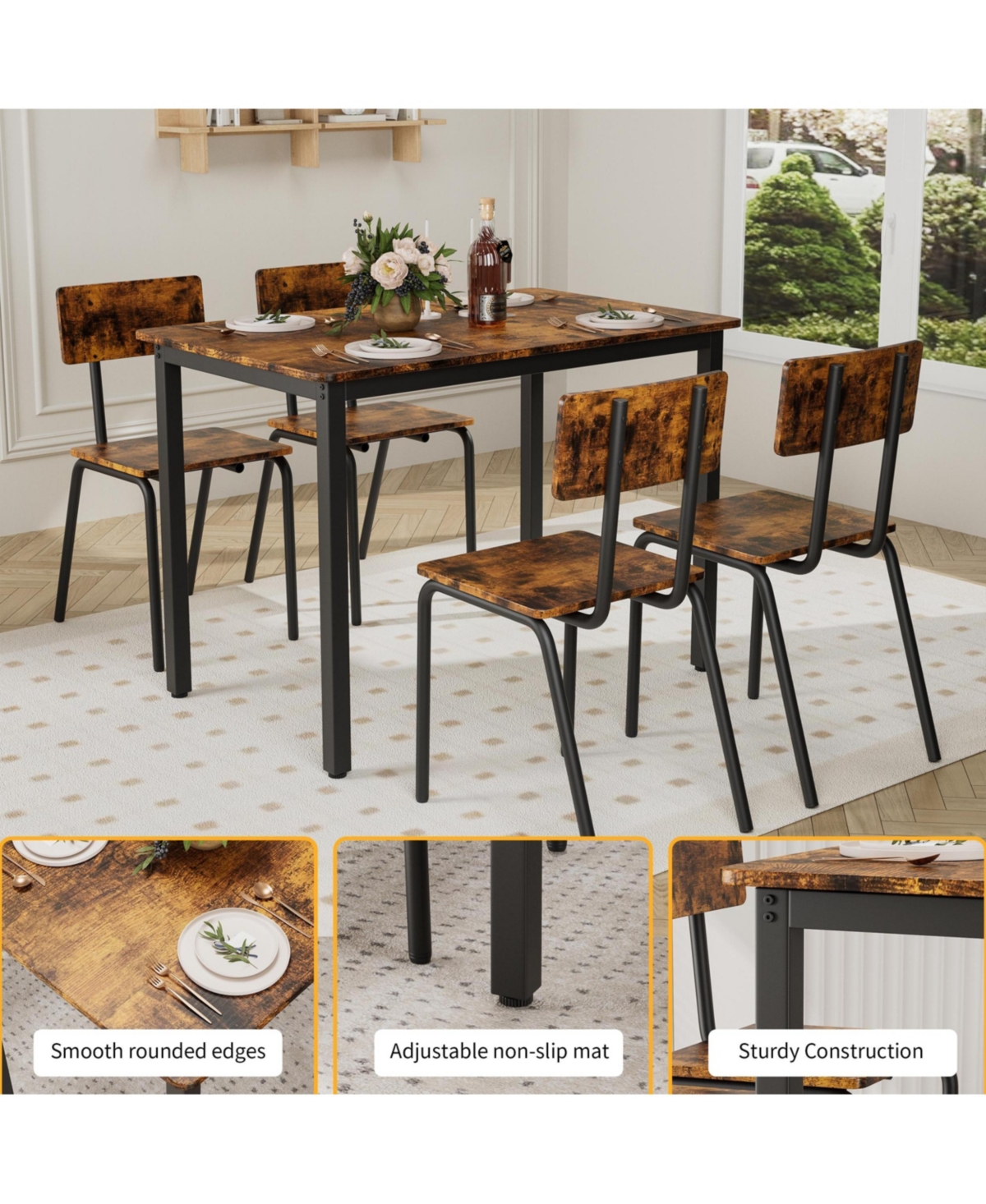 Streamdale 5-Piece Dining Set for 4 Kitchen Table & Chairs, Metal & Mdf, Compact