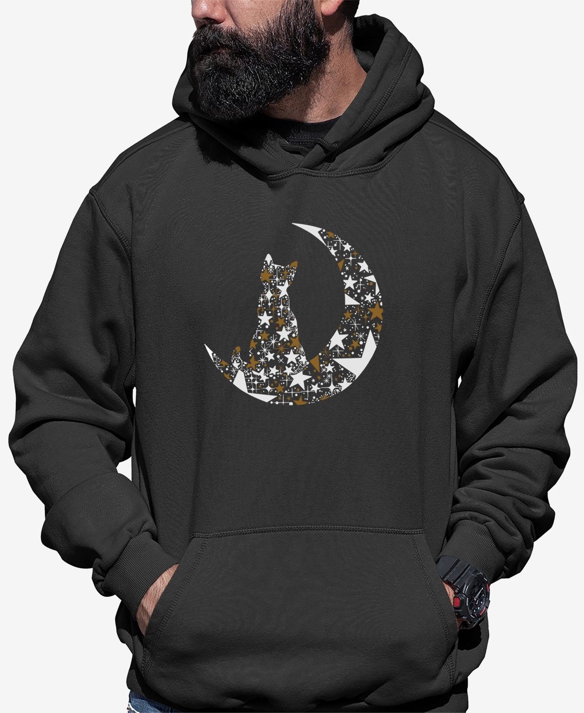 La Pop Art Men's Cat Sitting On Moon Word Art Hooded Sweatshirt - Dark gray