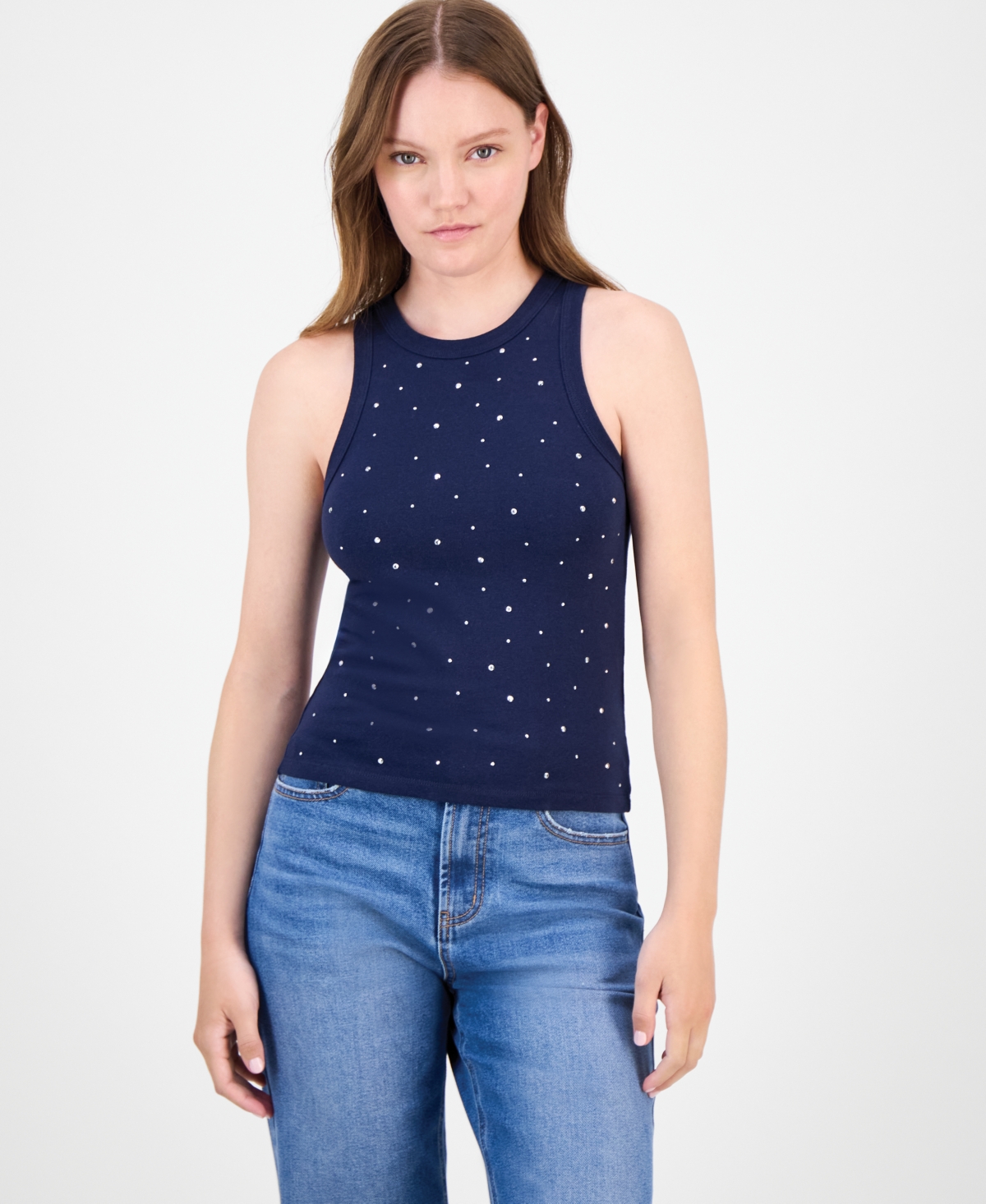 Juniors' Rhinestone Crewneck Tank Top - White