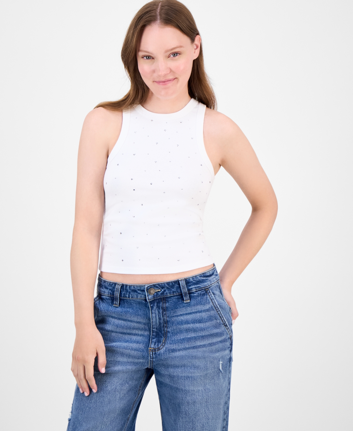 Juniors' Rhinestone Crewneck Tank Top - White