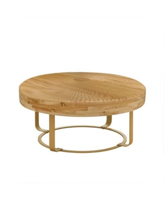 Modern Round Coffee Table with Carved Pine Top and Metal Legs
