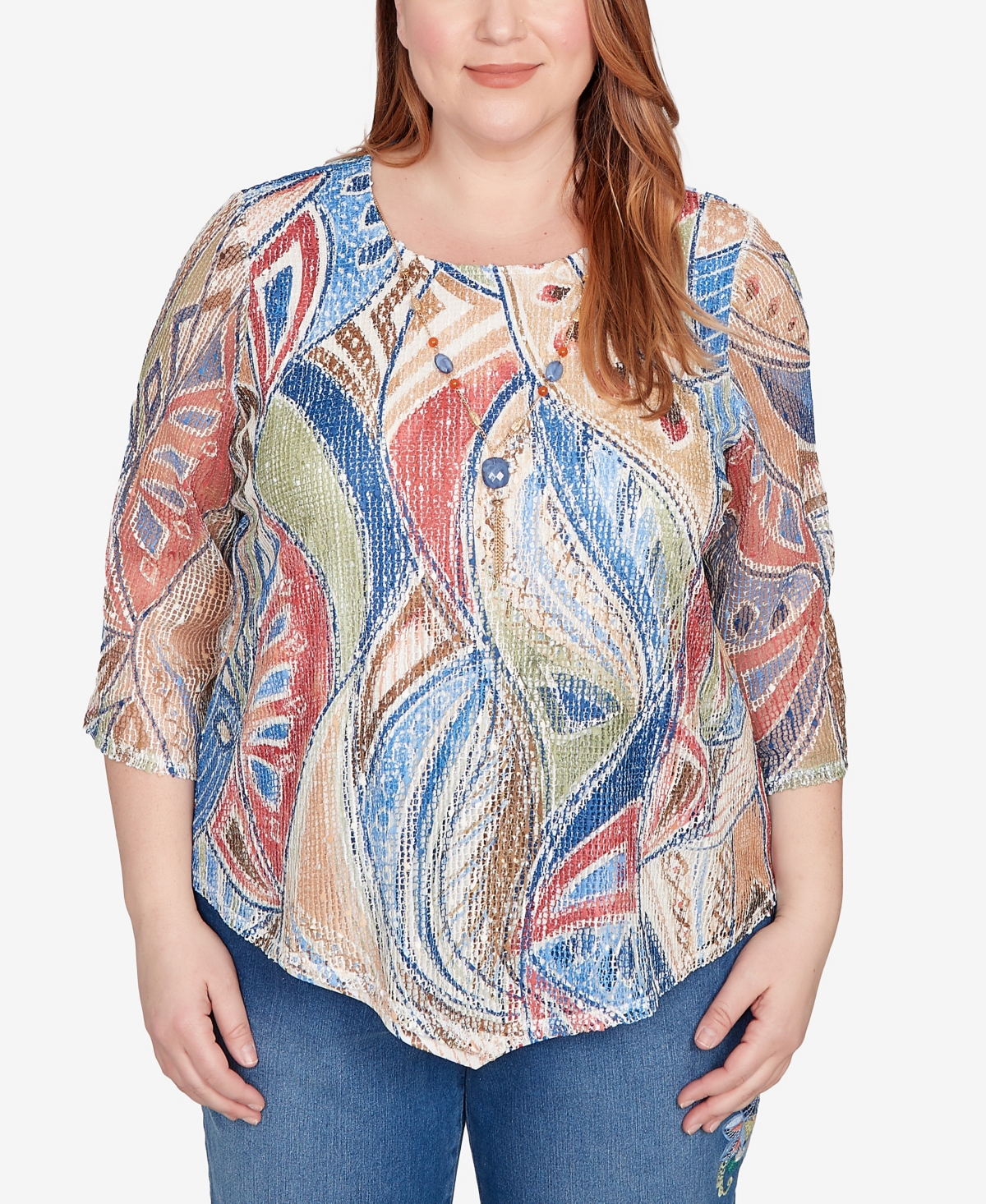 Plus Size Leaf Textured Top with Necklace - Blue Multi