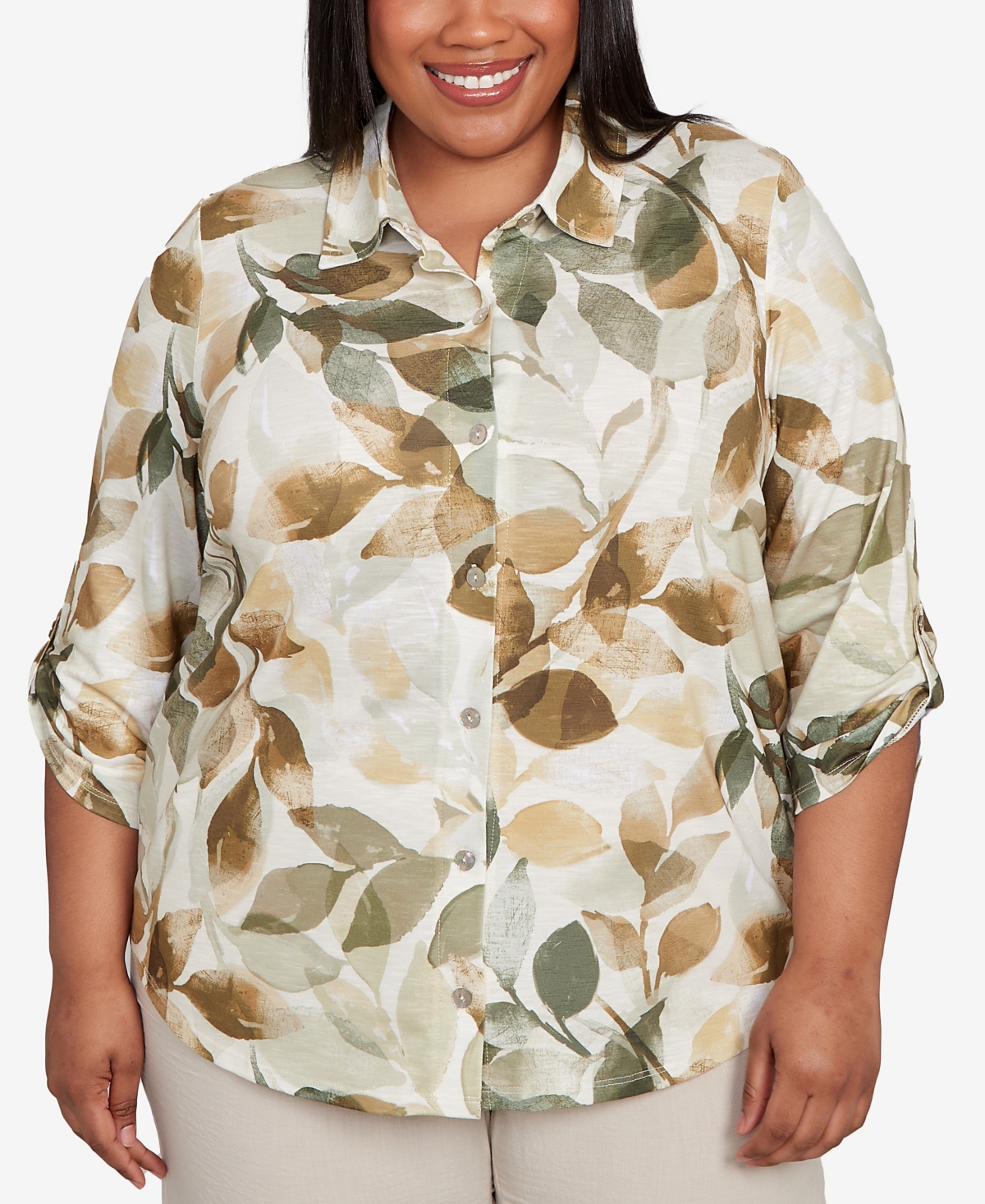 Alfred Dunner Petite Copper Canyon Knit Leaf Button Front Collared Top