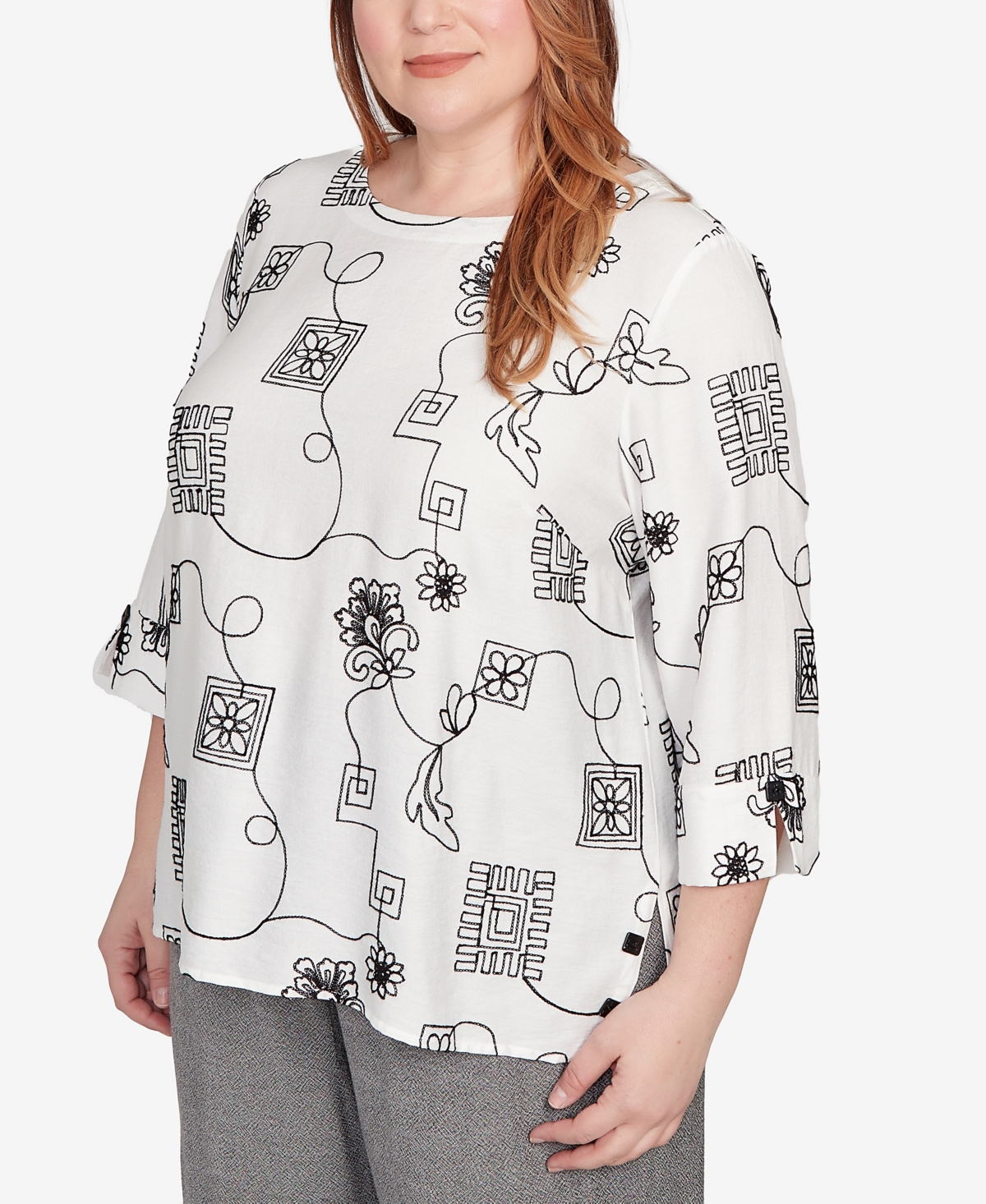 Alfred Dunner Plus Size Embroidered Floral Top In White