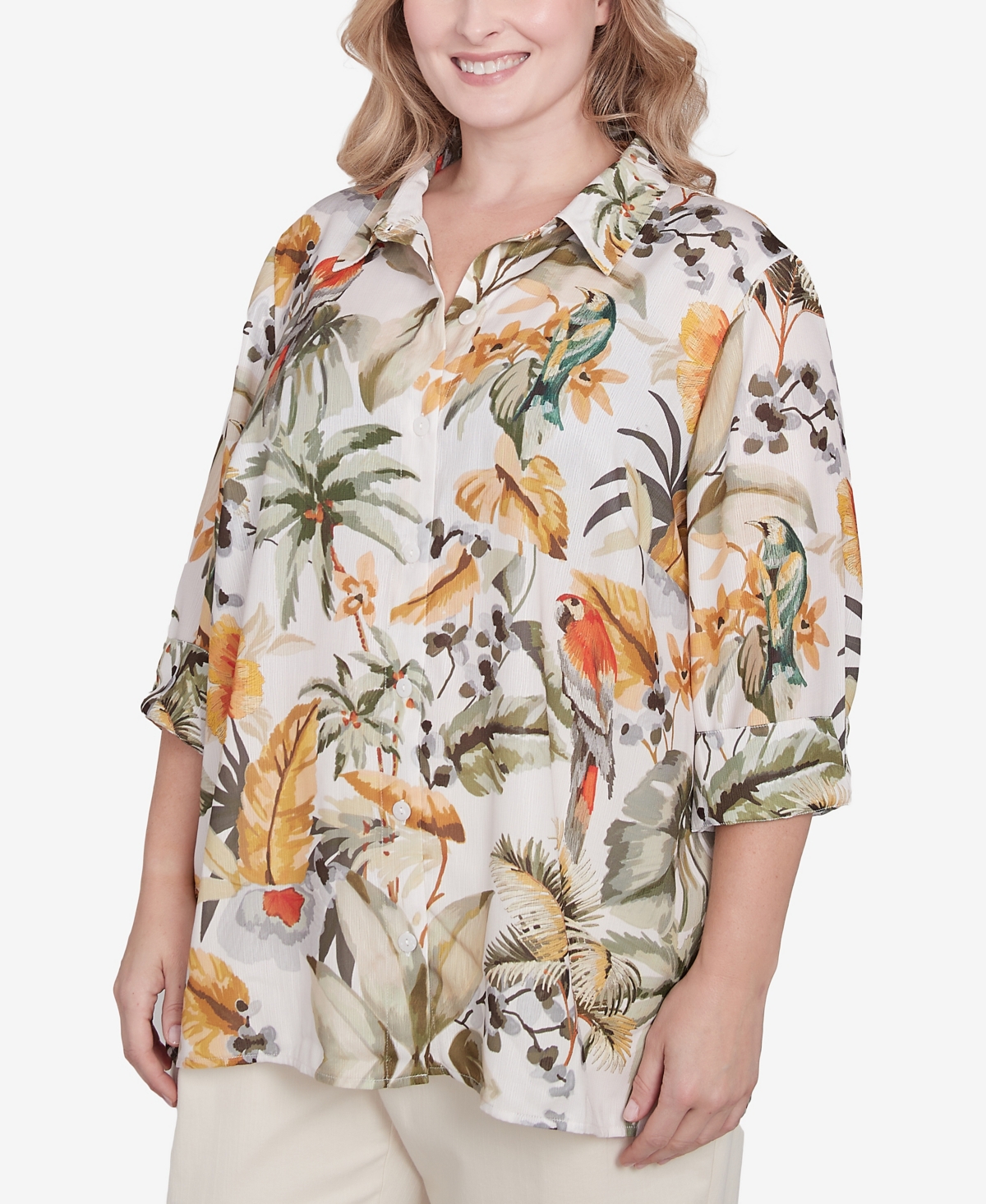 Alfred Dunner Plus Size Tropical Bird Button Front Top
