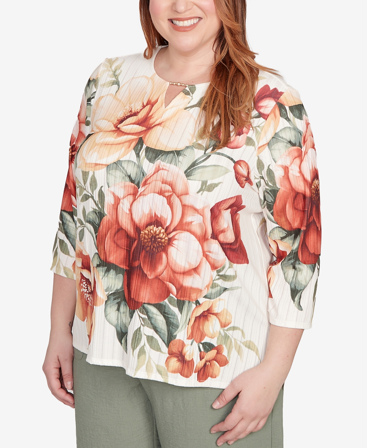 Alfred Dunner Plus Size Copper Canyon Dramatic Floral Split Beaded Top In Multi