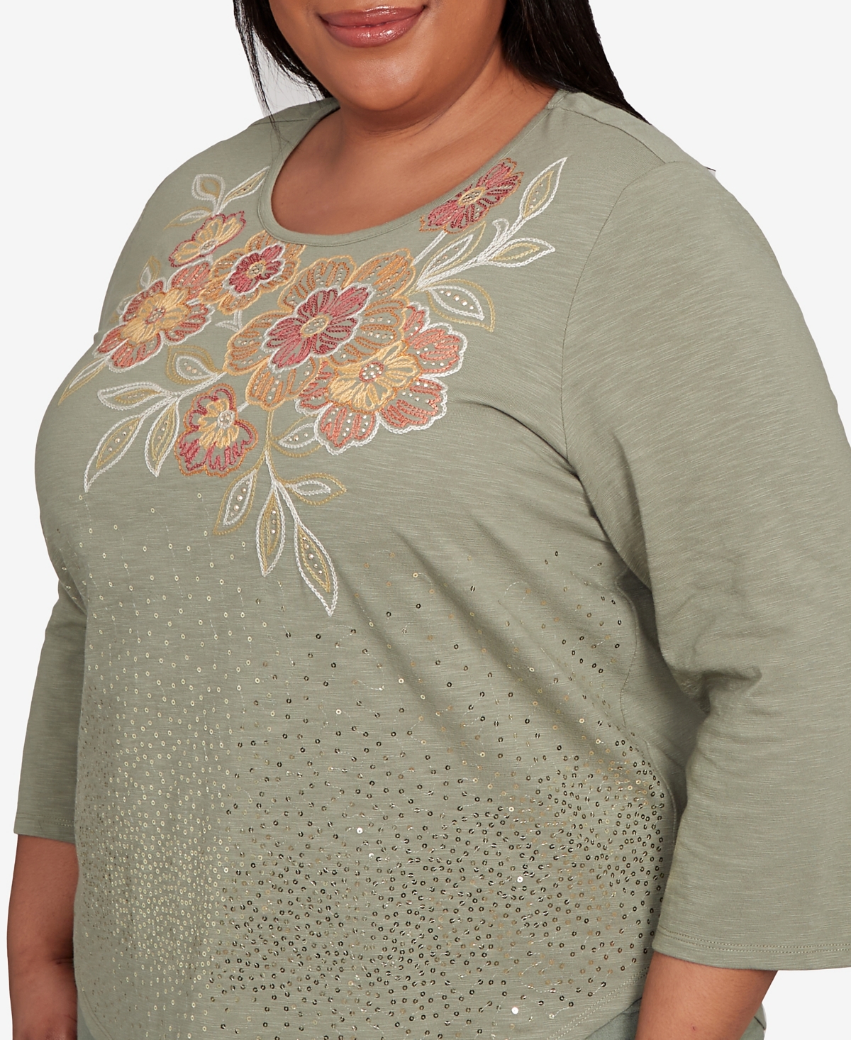 Alfred Dunner Plus Size Copper Canyon Scattered Sequin Floral Neck Top In Gray