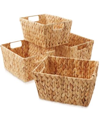 Set of 4 Water Hyacinth Storage Baskets with Handles - Espresso, 12" x 9" x 6" Rectangular Storage Bins for Organizing Shelves, Blankets