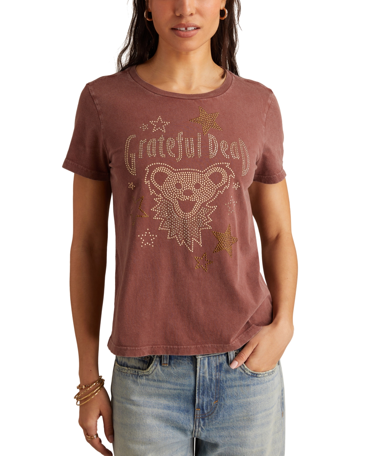 Lucky Brand Women's Cotton Studded Grateful Dead Bear T-shirt