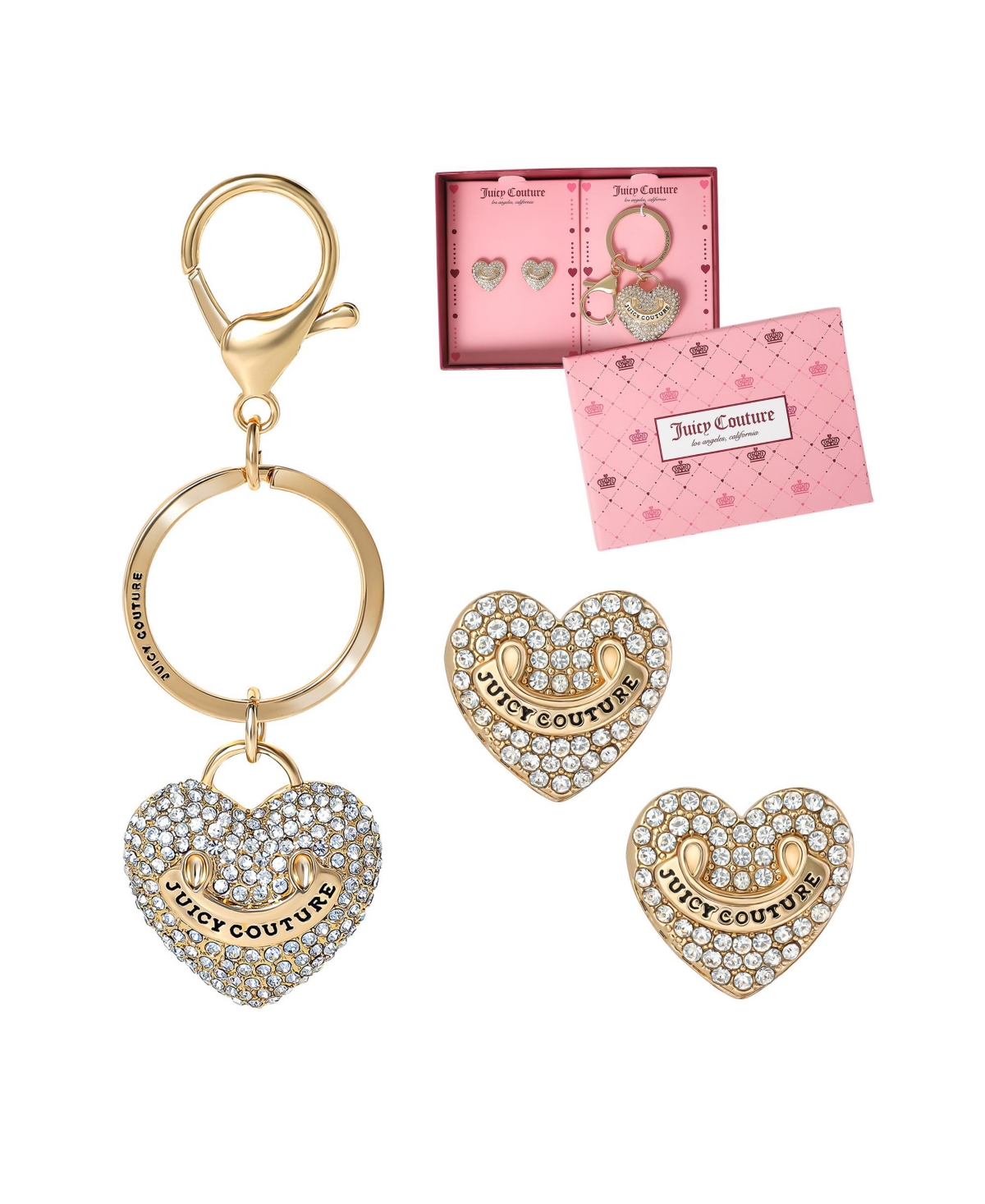 Gold-Tone Pave Heart Keychain & Earrings Set - Gold tone