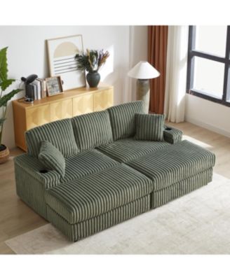 Streamdale 1-Piece Corduroy & Wood Sofa – 3-Seater, Storage Compartments, Plush Cushions, Modern Design