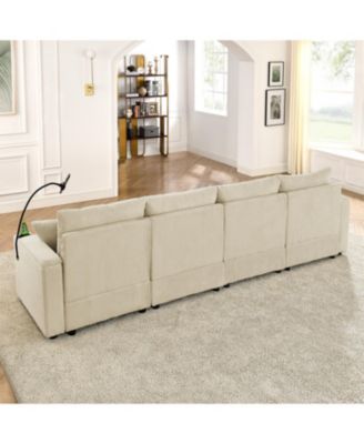 U-Shaped Beige Corduroy Couch with Storage Ottomans