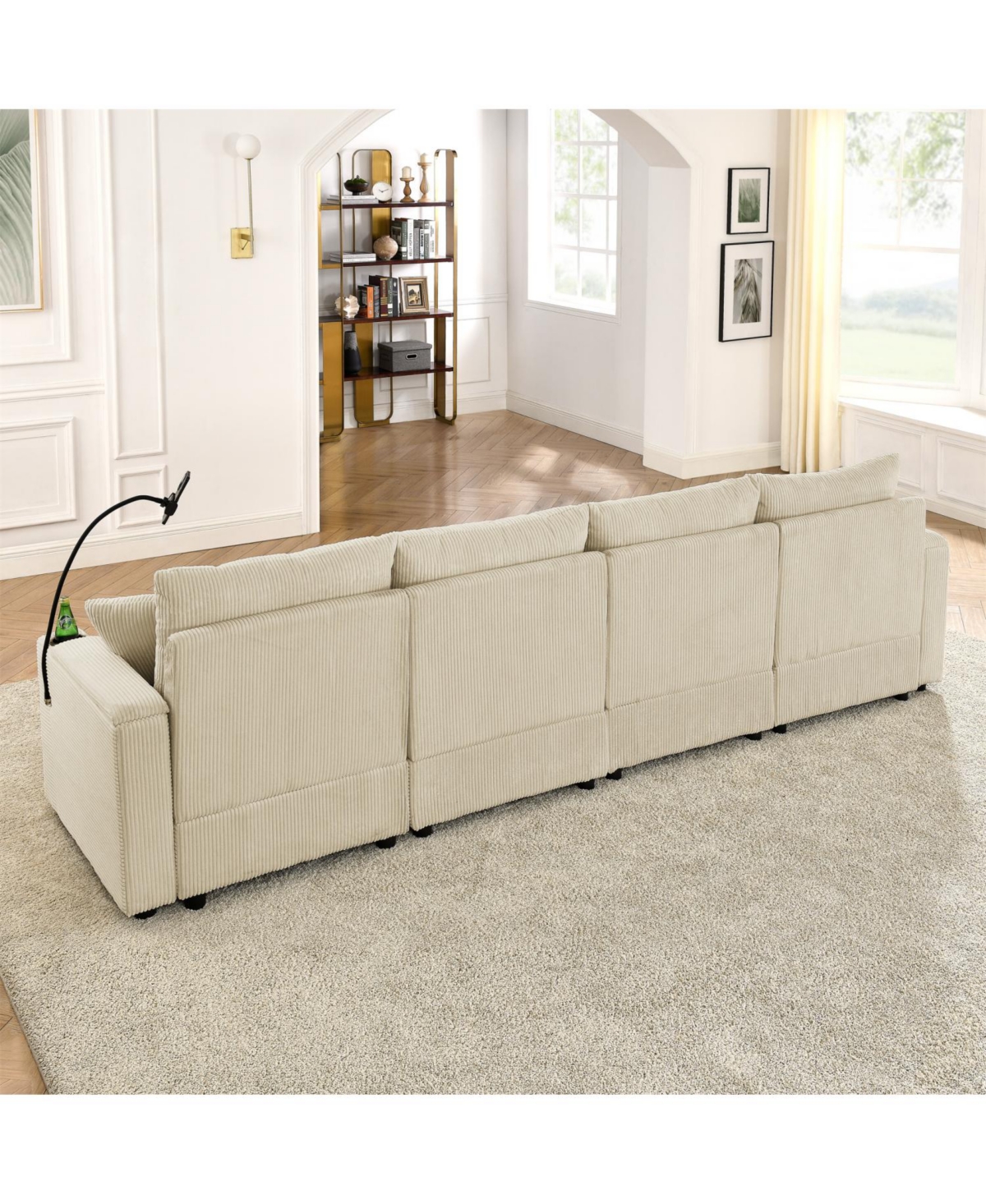 Streamdale U-Shaped Beige Corduroy Couch with Storage Ottomans