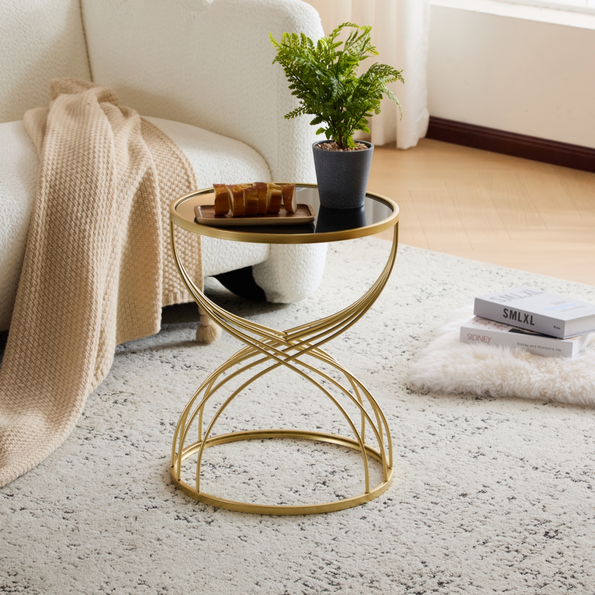 Modern Side Table [Golden Metal Frame+Black MIirror Top]
