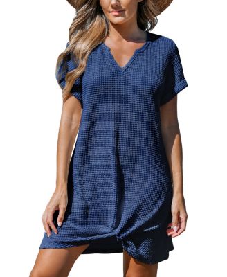 Women's Waffle Knit Short Sleeve Hem Twist Mini Cover-Up