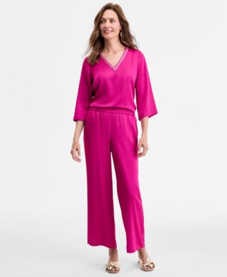 JM Collection - Women's Pull-On Wide-Leg Satin Pants