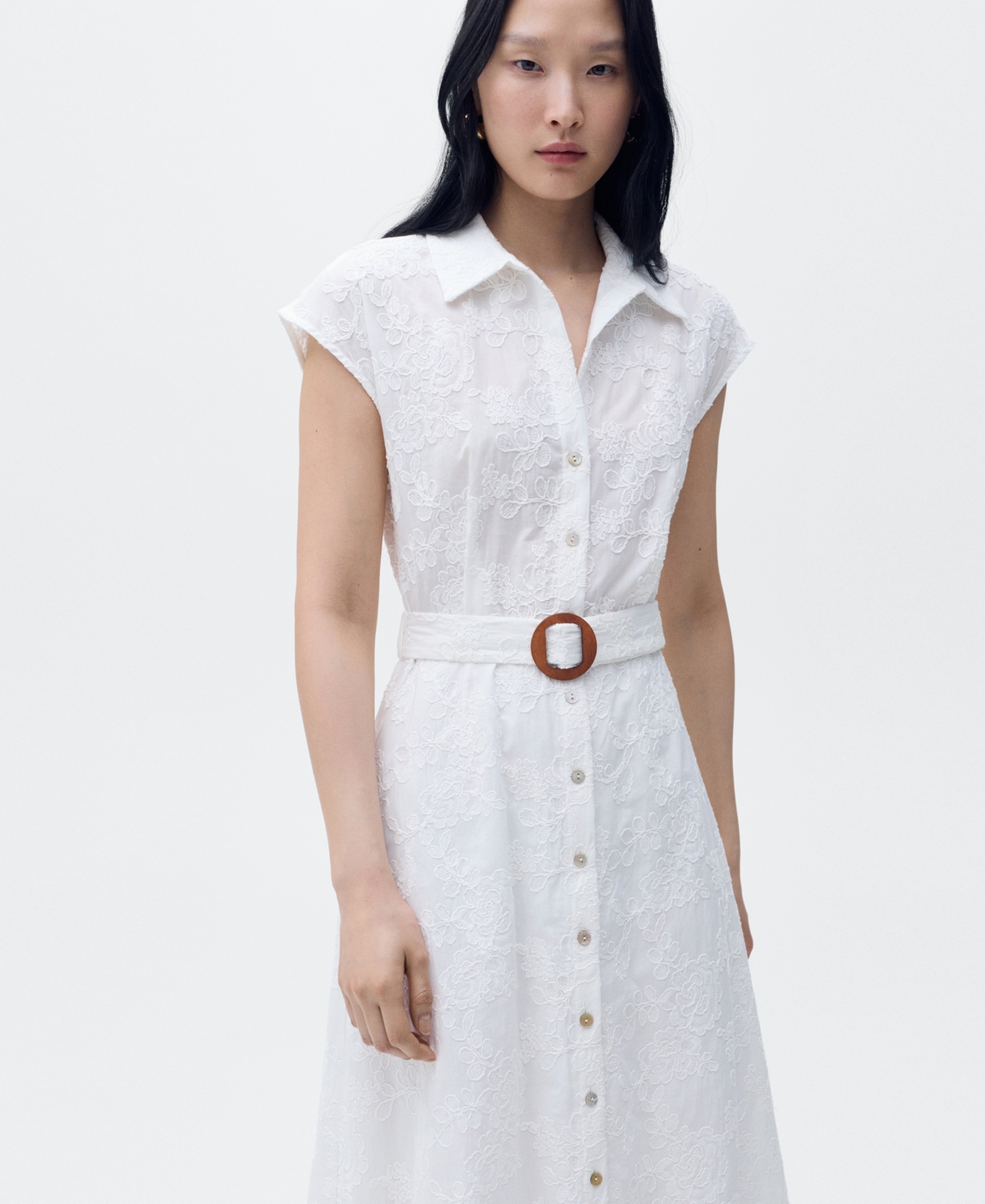 Mango Embroidered Shirt Dress With Belt White