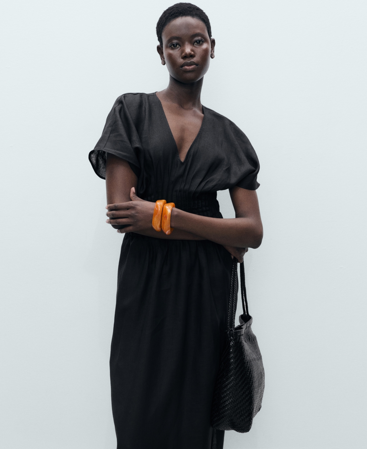 Mango Smocked Waist Linen Blend Maxi Dress In Black