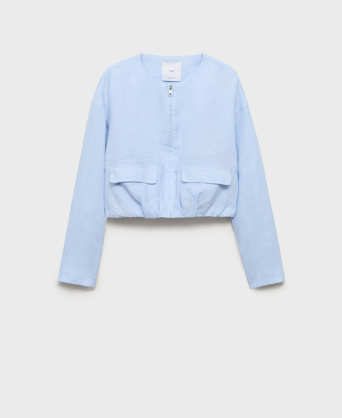 Mango Cropped Linen Jacket With Pockets Sky Blue
