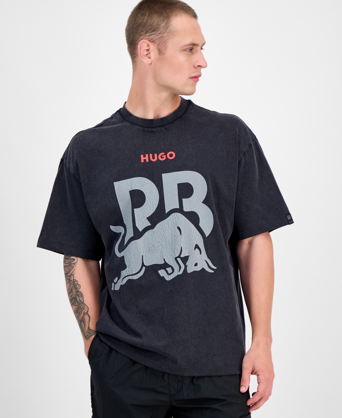 Hugo by Hugo Boss Men's Washed Fanwear Oversized Short Sleeve Crewneck Bull Graphic T-Shirt - Black