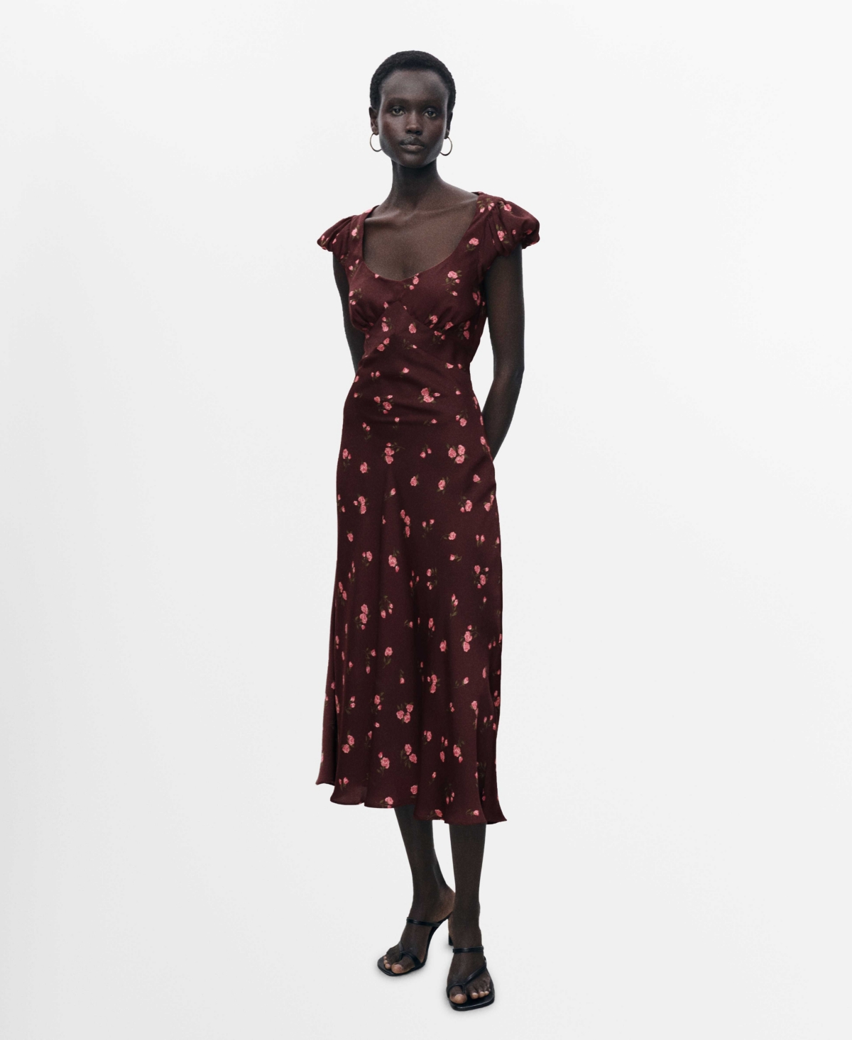 Mango Floral Print Cap Sleeve Midi Dress