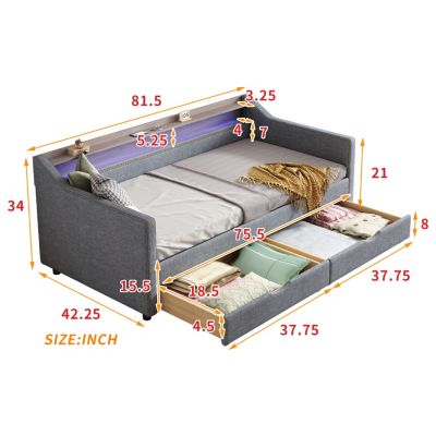 Twin Daybed with Storage, Shelves & USB Ports, Linen Upholstered Sofa with LED Light