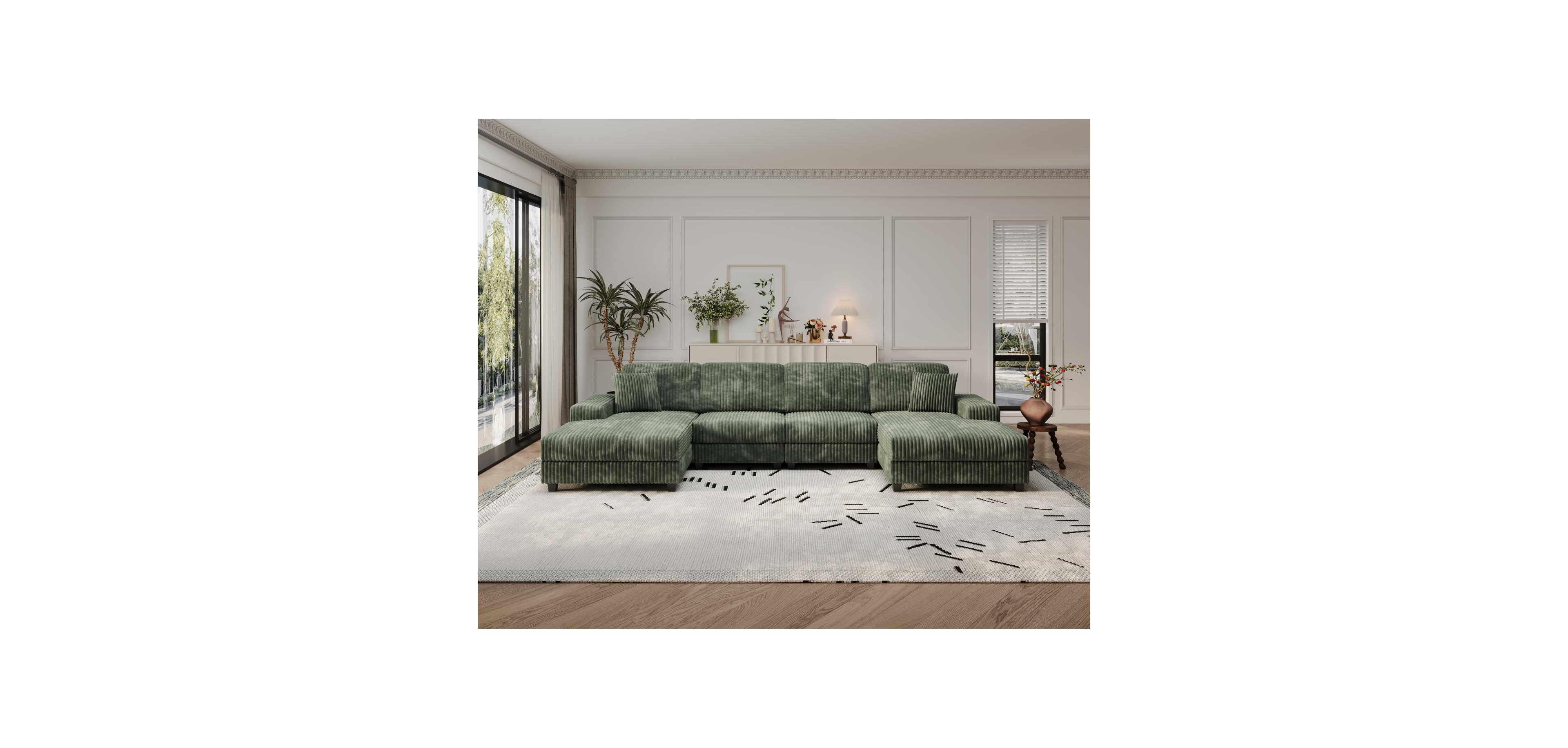 Streamdale Furniture Corduroy U-Shaped Sofa, 4 Seat Sofa Bed, Modern Living Room