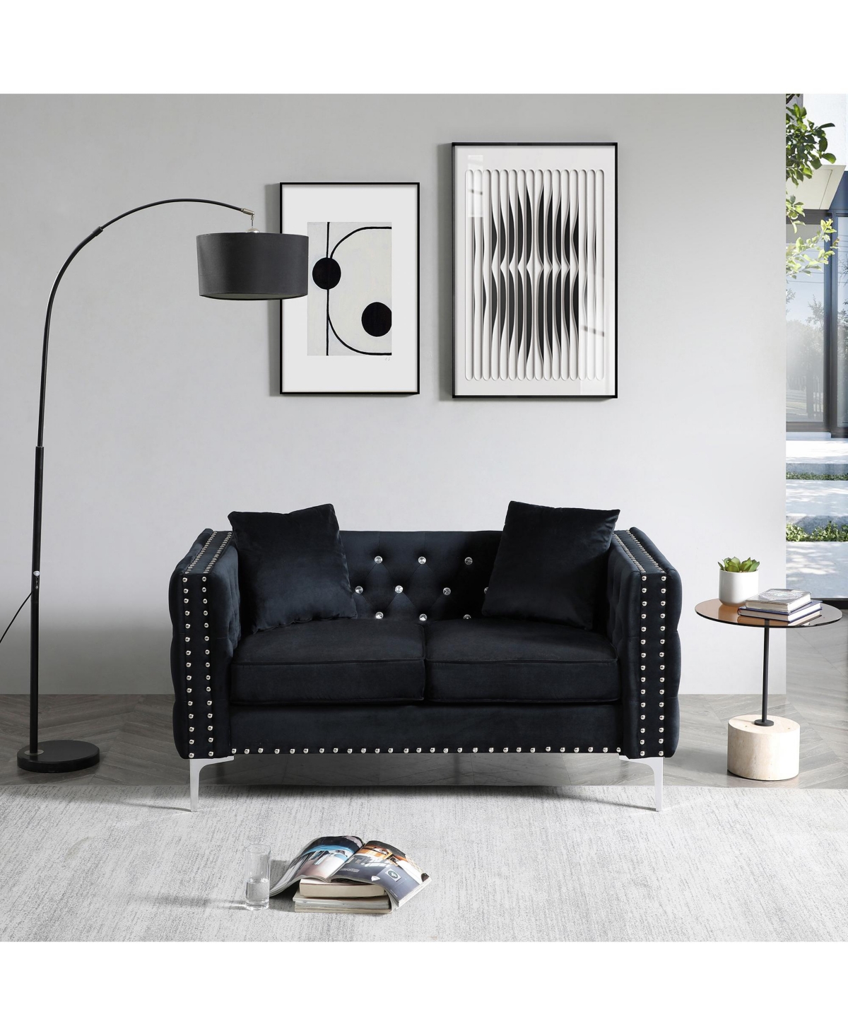 Streamdale 59.4 Inch Wide Velvet Sofa With Jeweled Buttons, Square Arm, 2 Pillows