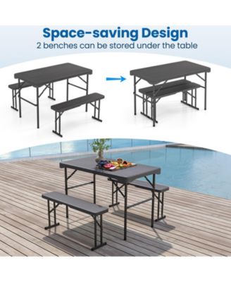 Outdoor Folding Table Bench Set w All-Weather HDPE Tabletop and Sturdy Metal Frame-Black